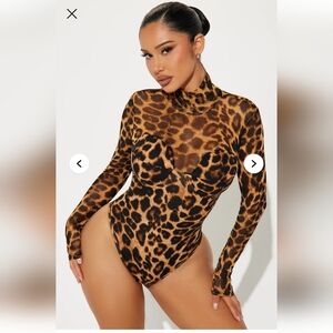 Leopard Print Mesh High-Neck Bodysuit - Brown/Black